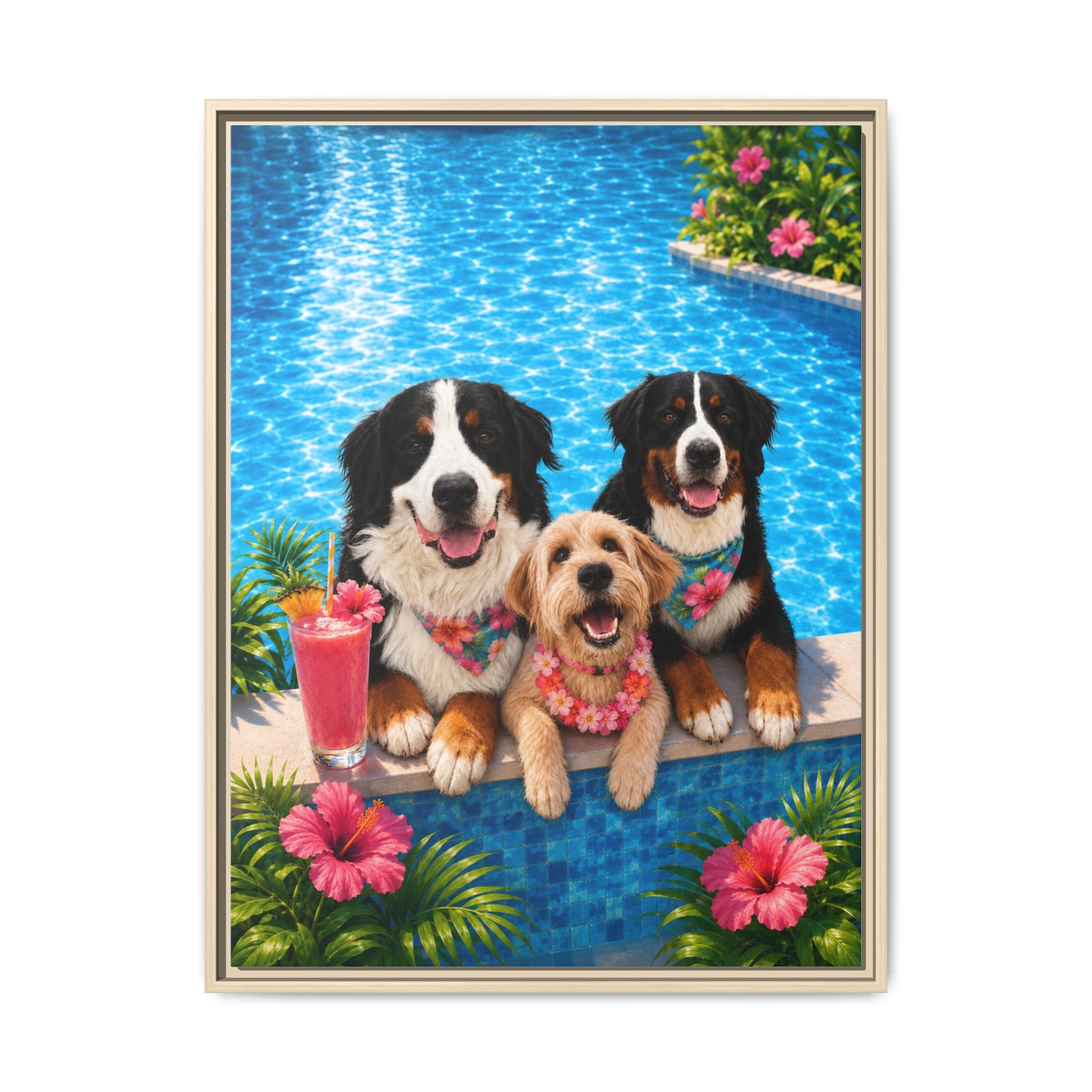 Pool Pawty Personalized Pet Framed Canvas — Custom Tropical Portrait Framed Wall Art, 1-3 Pets