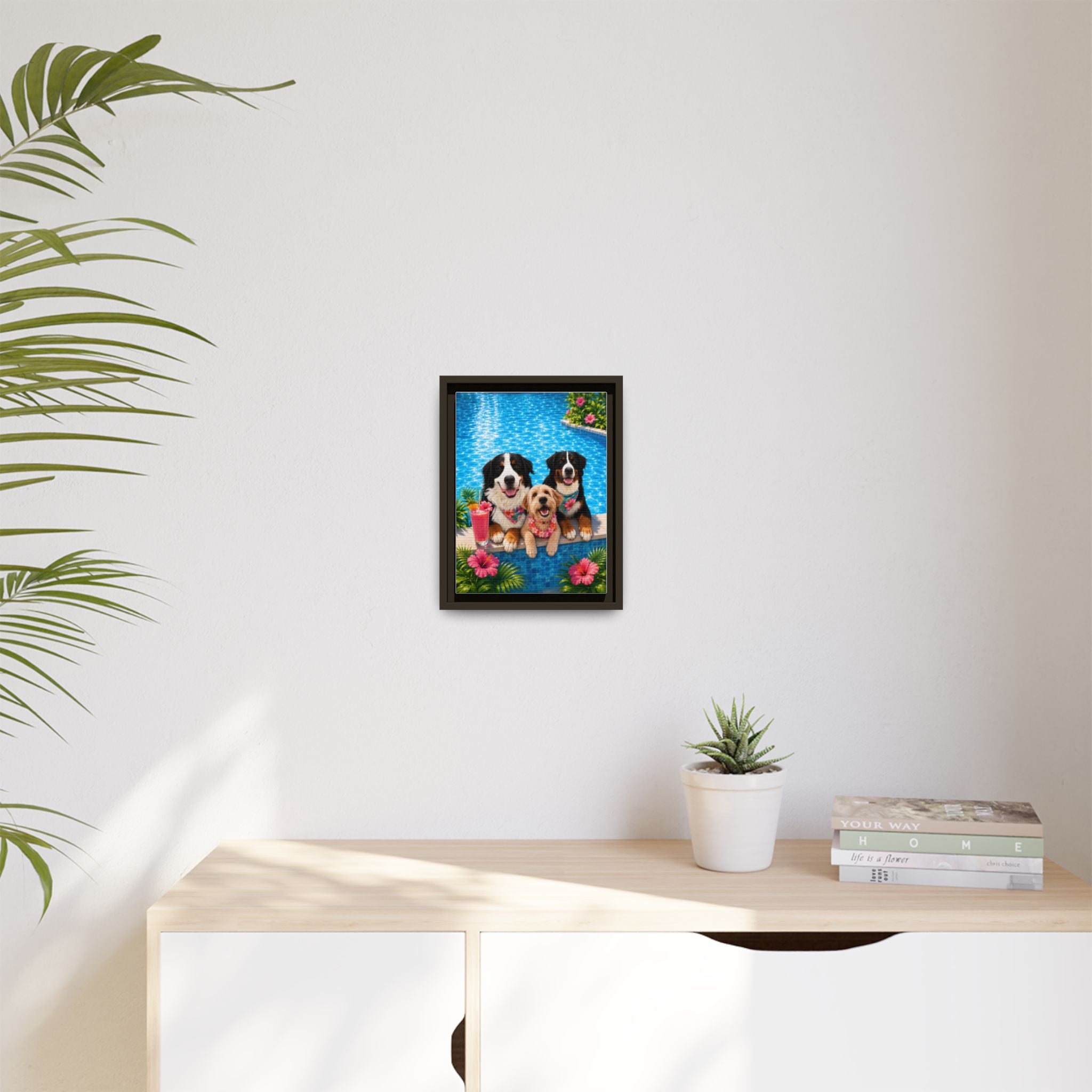 Pool Pawty Personalized Pet Framed Canvas — Custom Tropical Portrait Framed Wall Art, 1-3 Pets