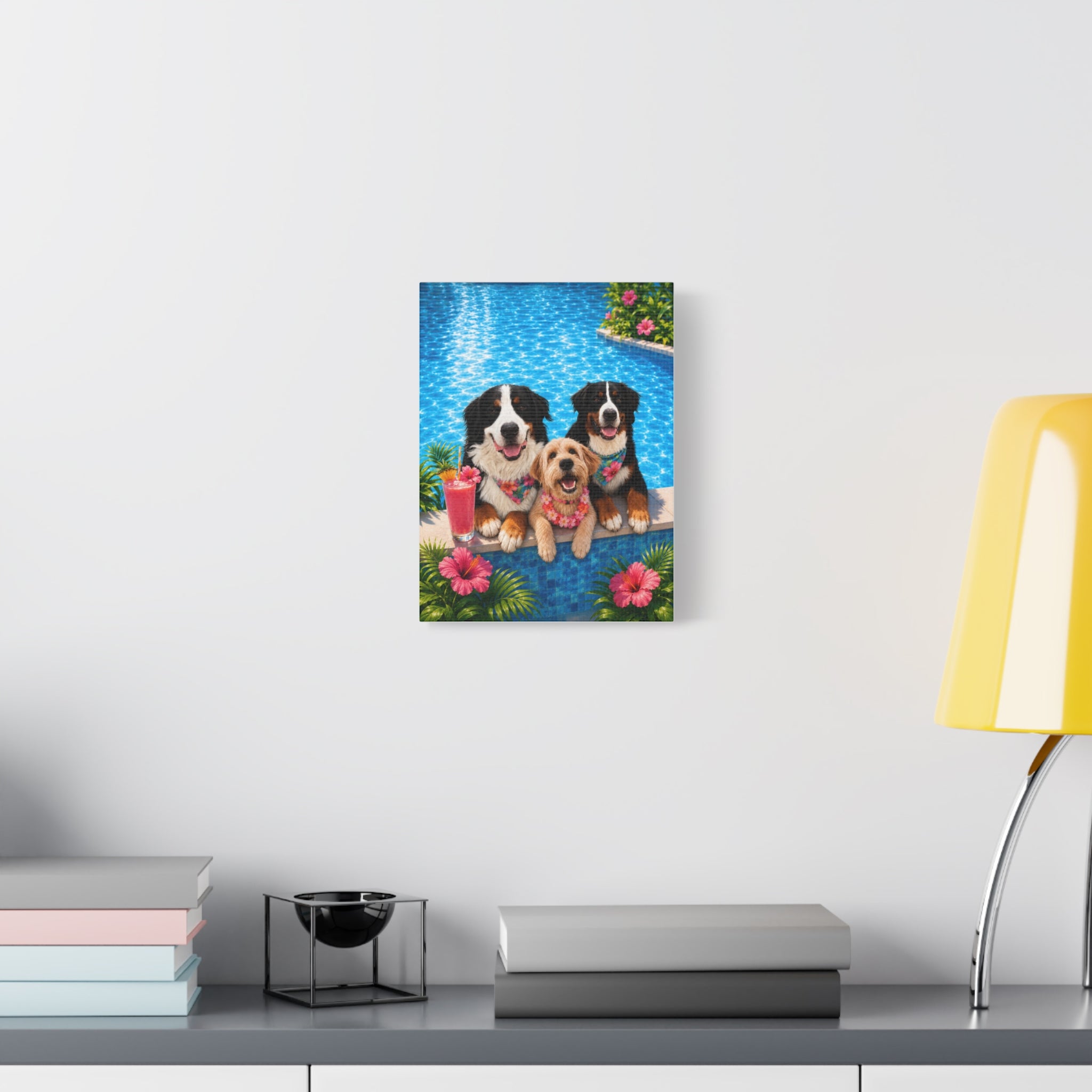 Pool Pawty Personalized Pet Canvas — Custom Tropical Portrait Stretched Canvas Wall Art, 1-3 Pets