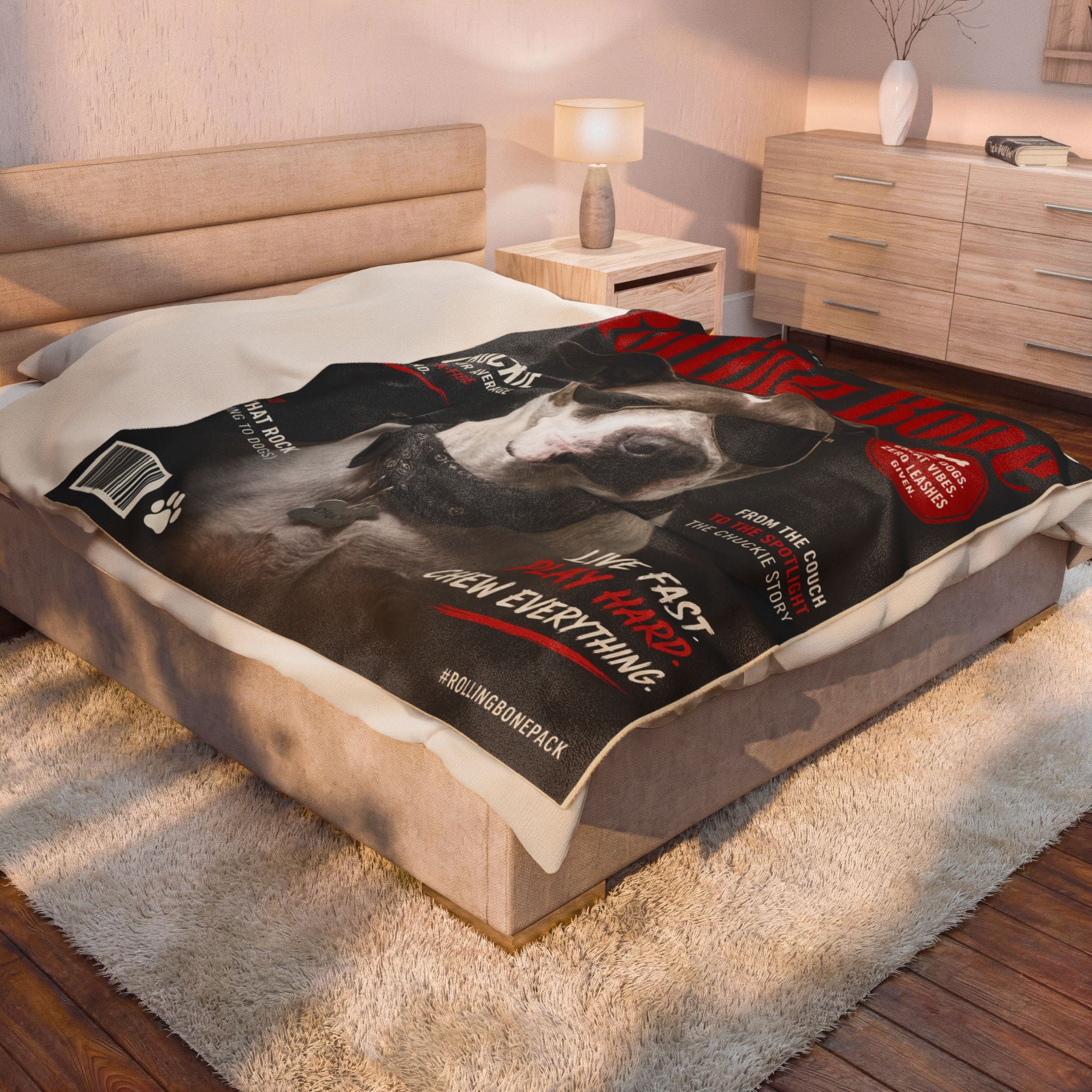 Rolling Bone Magazine Personalized Pet Blanket — Funny Cover Star Pet Velveteen Plush Throw, 3 Sizes