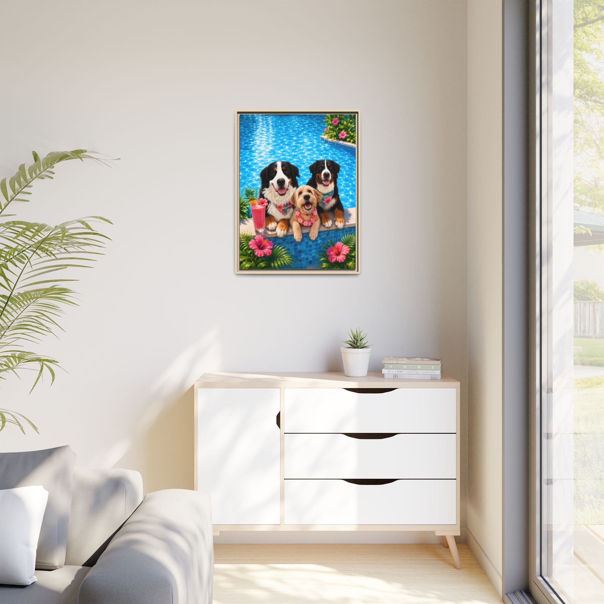 Pool Pawty Personalized Pet Framed Canvas — Custom Tropical Portrait Framed Wall Art, 1-3 Pets