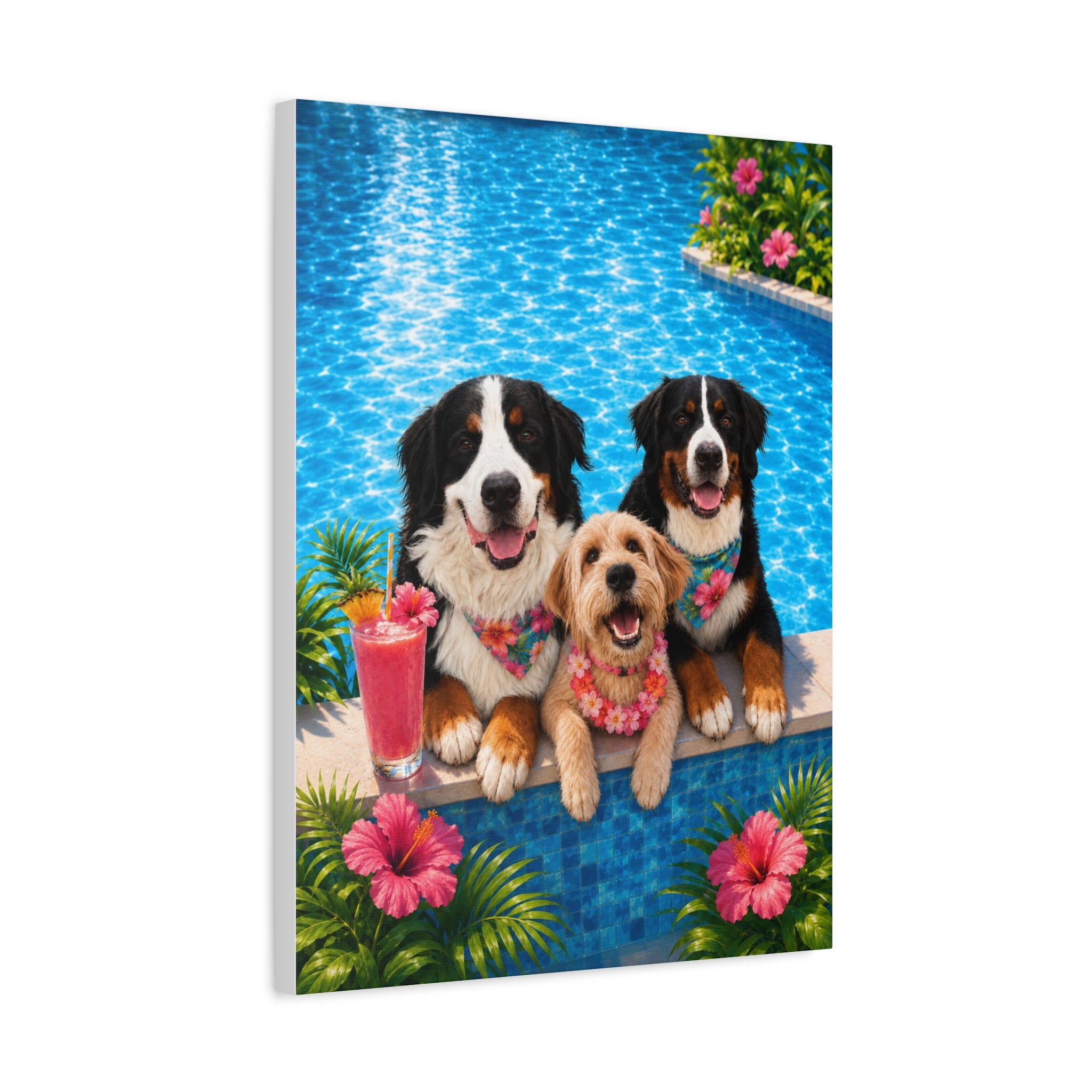 Pool Pawty Personalized Pet Canvas — Custom Tropical Portrait Stretched Canvas Wall Art, 1-3 Pets