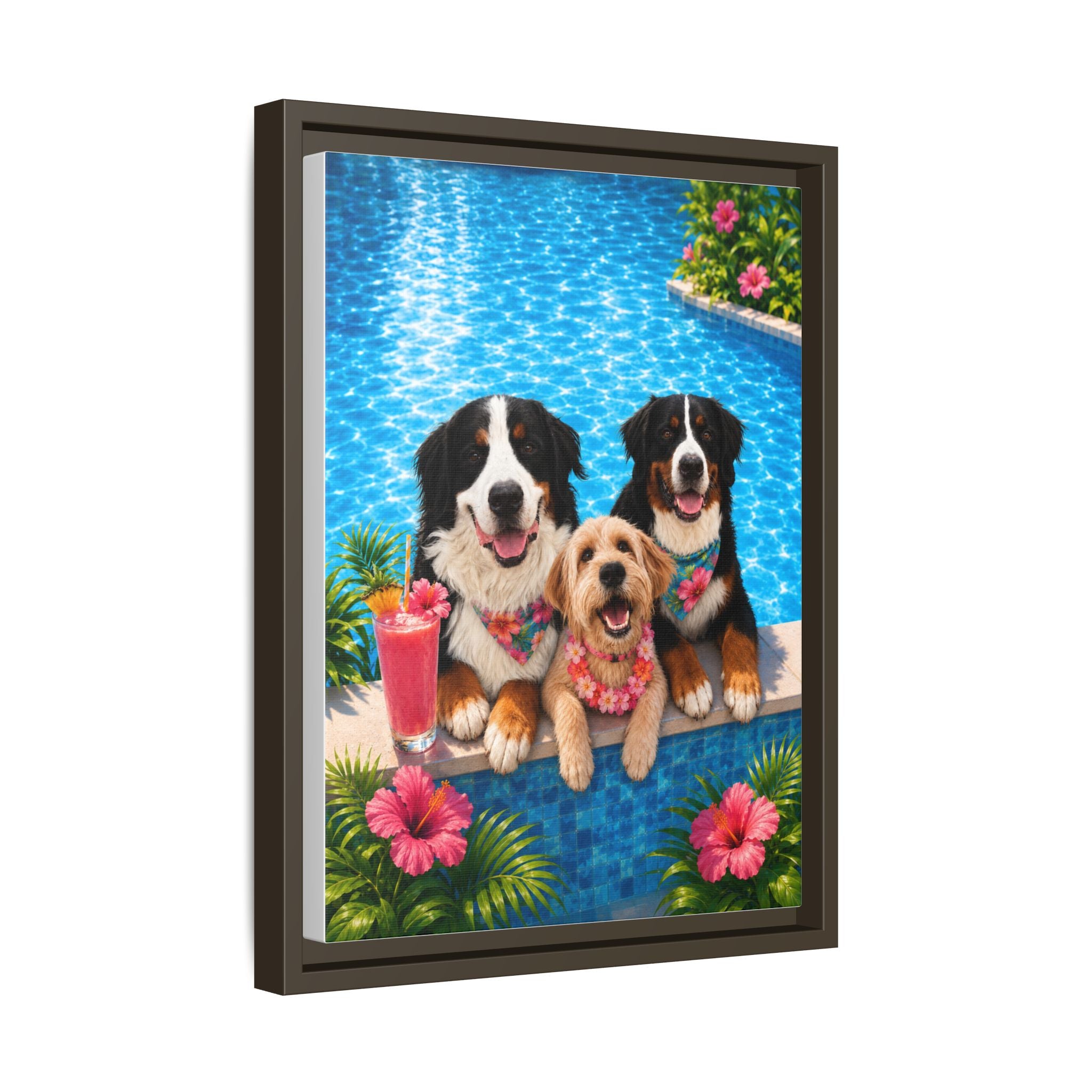 Pool Pawty Personalized Pet Framed Canvas — Custom Tropical Portrait Framed Wall Art, 1-3 Pets