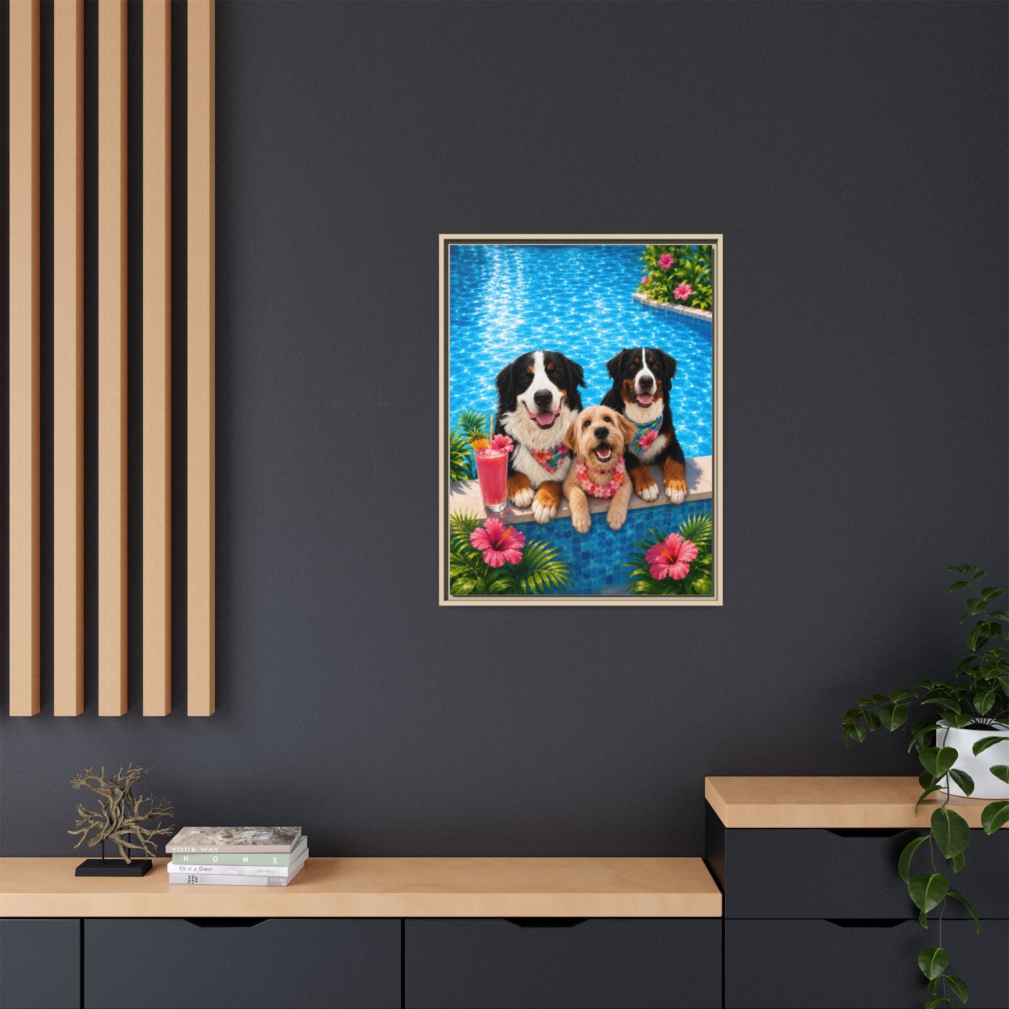 Pool Pawty Personalized Pet Framed Canvas — Custom Tropical Portrait Framed Wall Art, 1-3 Pets