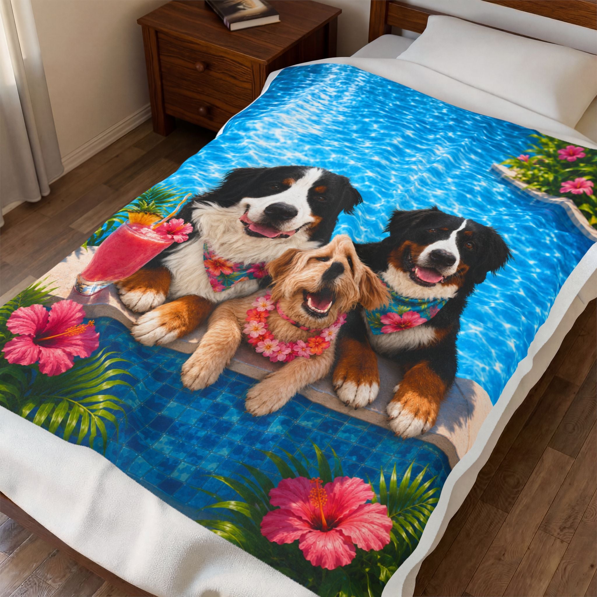 Pool Pawty Personalized Pet Blanket — Custom Tropical Portrait Velveteen Plush Throw, 3 Sizes