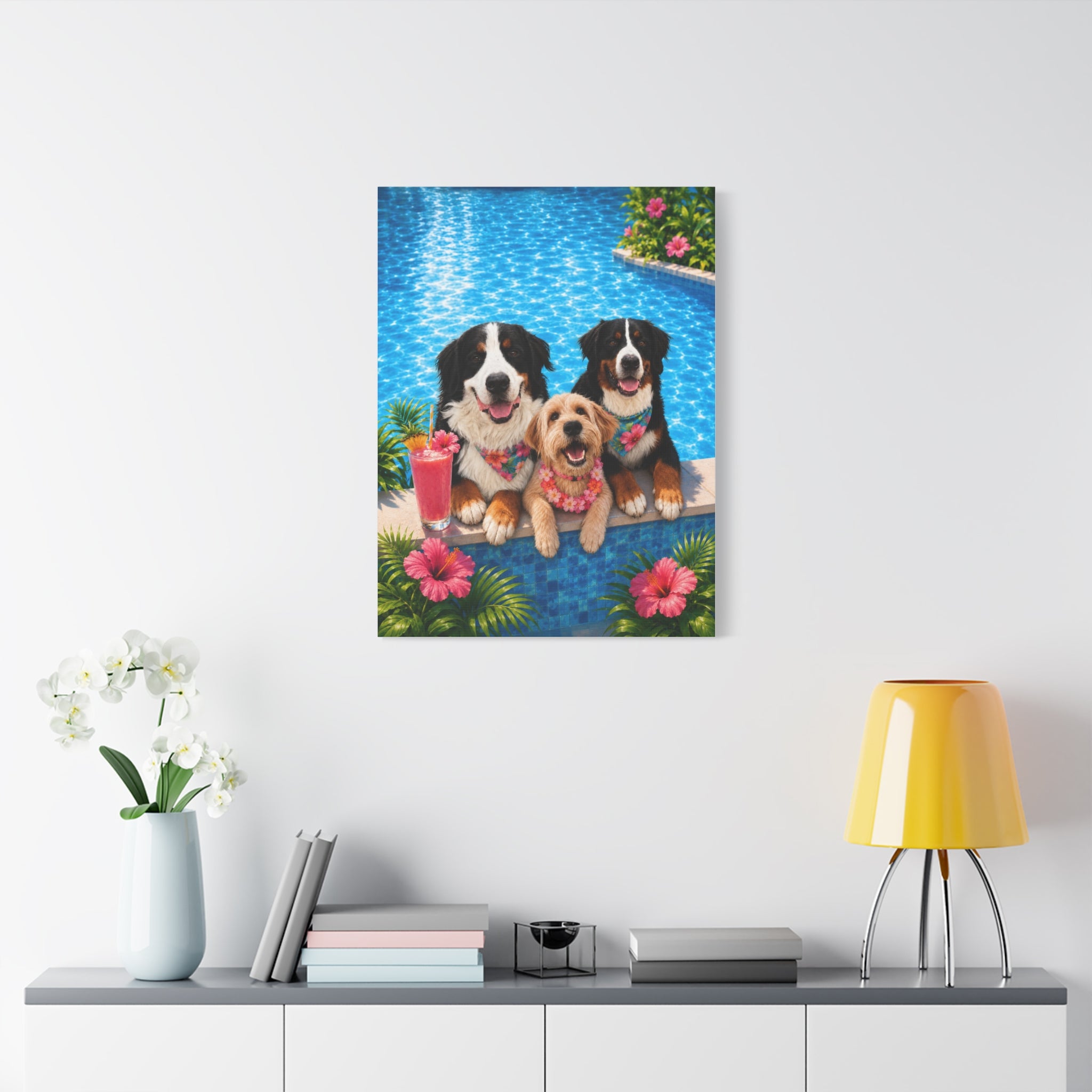 Pool Pawty Personalized Pet Canvas — Custom Tropical Portrait Stretched Canvas Wall Art, 1-3 Pets