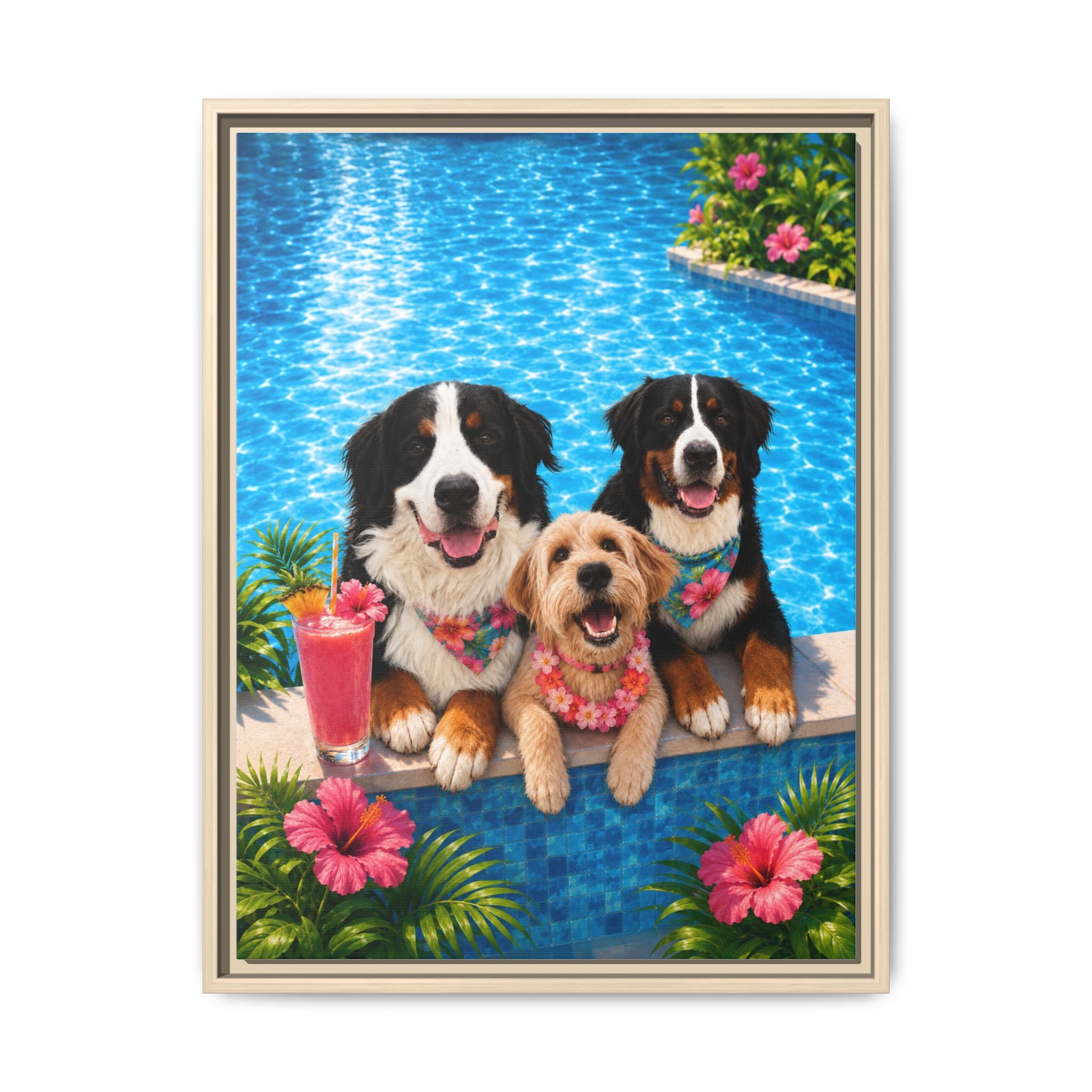 Pool Pawty Personalized Pet Framed Canvas — Custom Tropical Portrait Framed Wall Art, 1-3 Pets