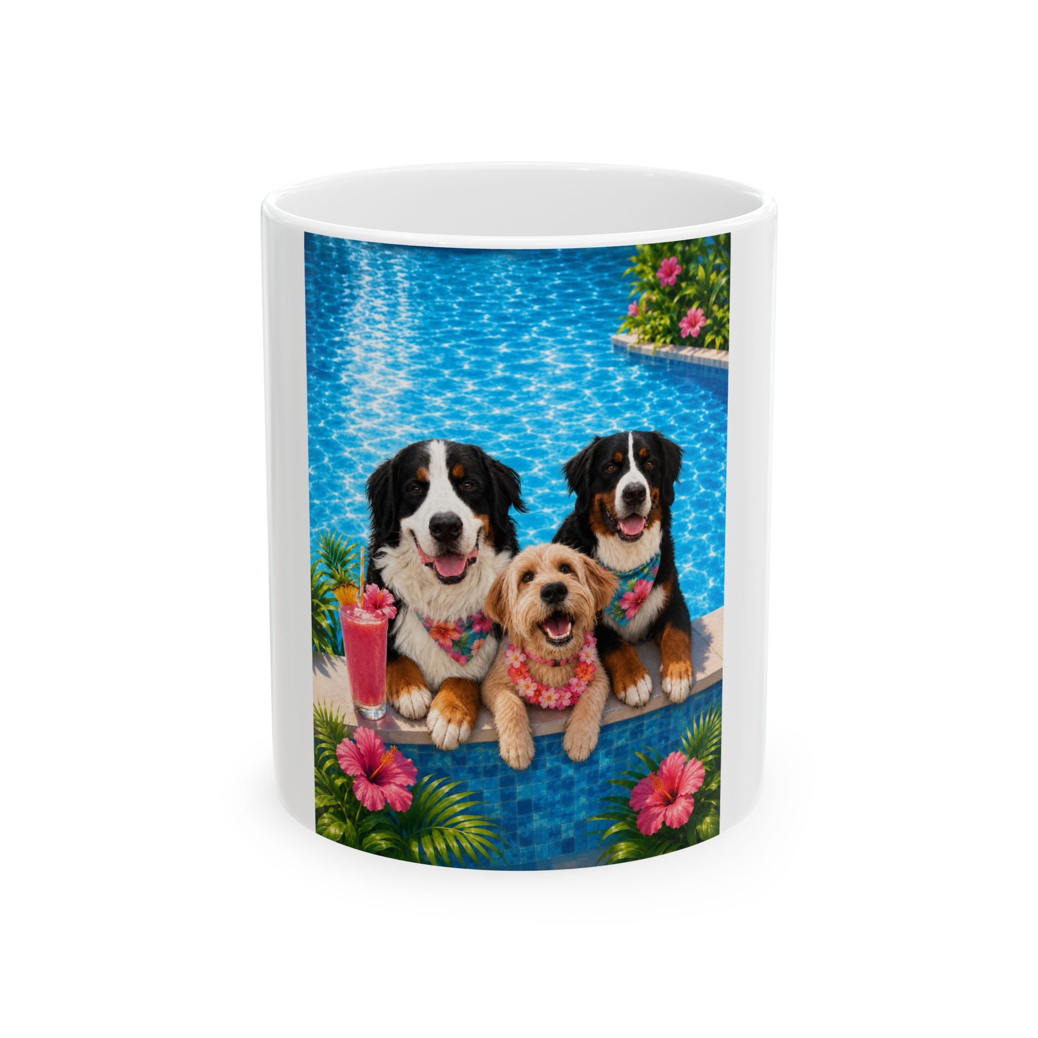 Pool Pawty Personalized Pet Ceramic Mug — Custom Tropical Portrait Coffee Cup, 11oz & 15oz