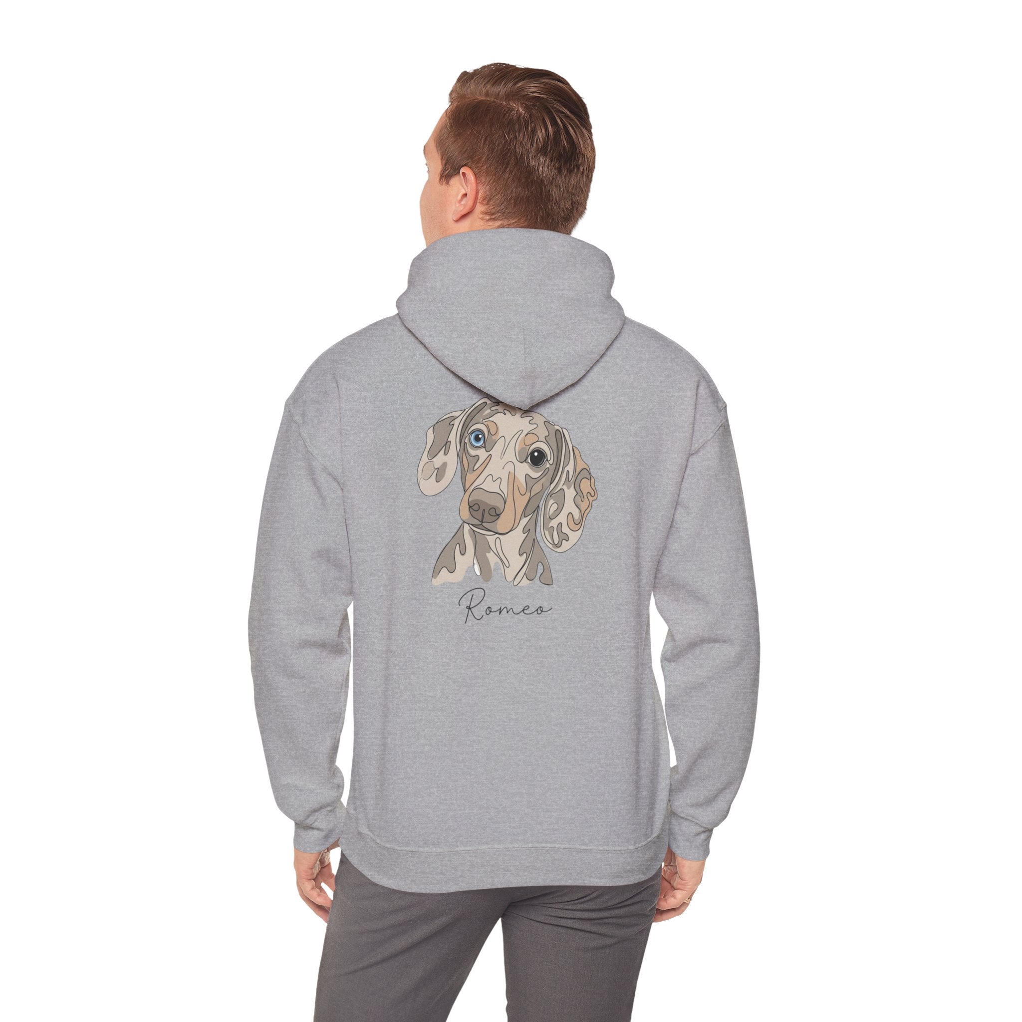 Romeo Personalized Dog Portrait Hoodie — "ROMEO" Front Text & Custom Back Pet Illustration