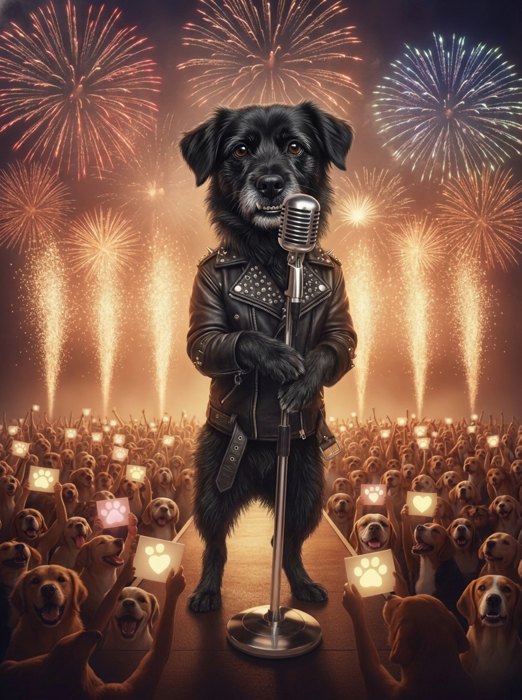 The same dog painted as a rockstar on canvas