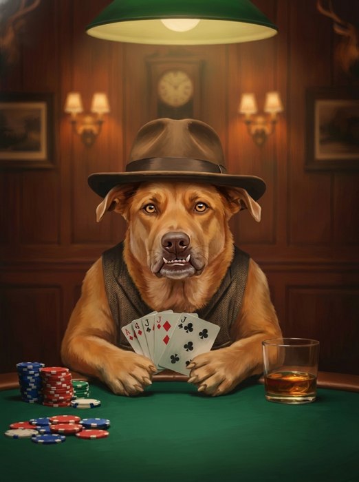 The same dog painted playing poker on canvas