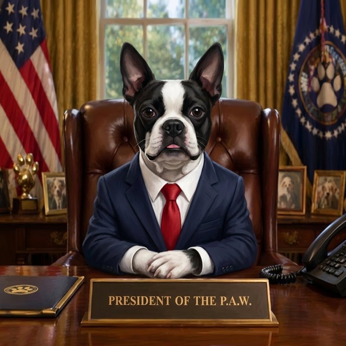 The same dog painted as the president on a mug